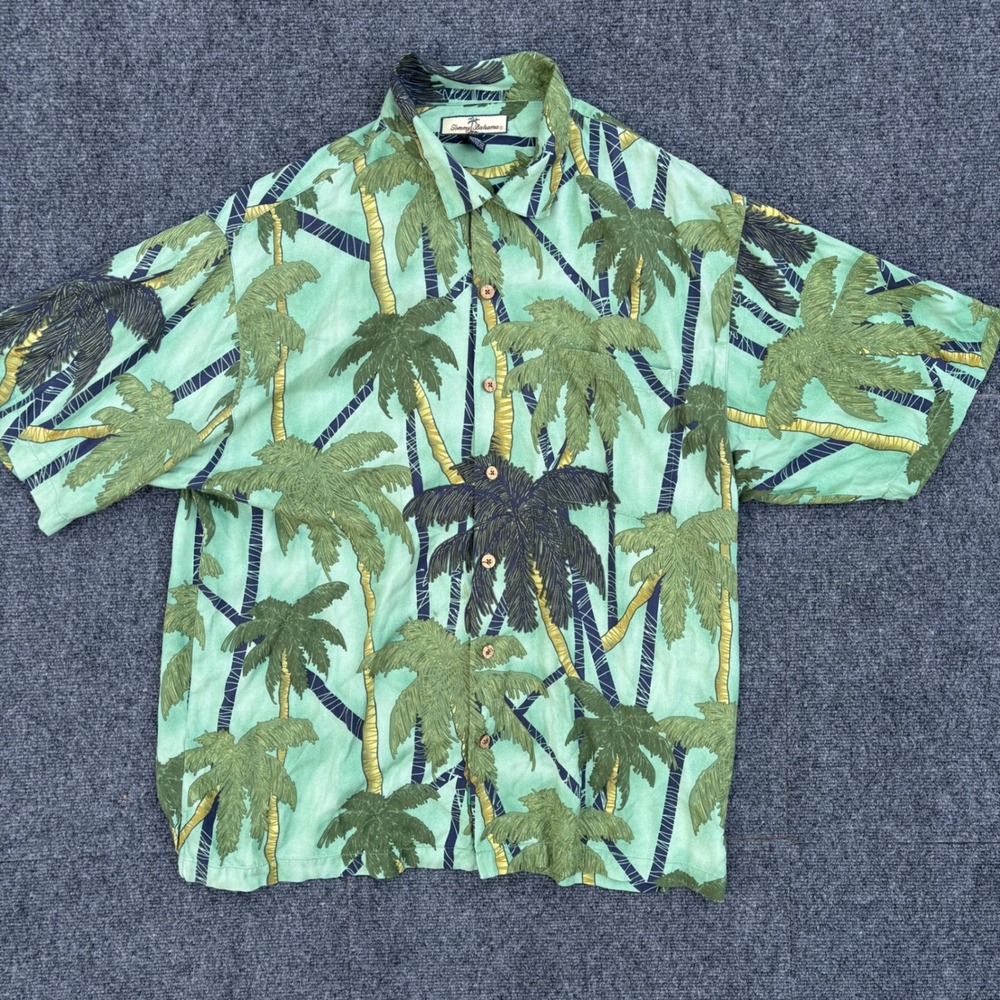 Tommy Bahama Mens XL Silk Palm Tree Tropical Loop Collar Shirt Short Sleeve - Picture 1 of 7